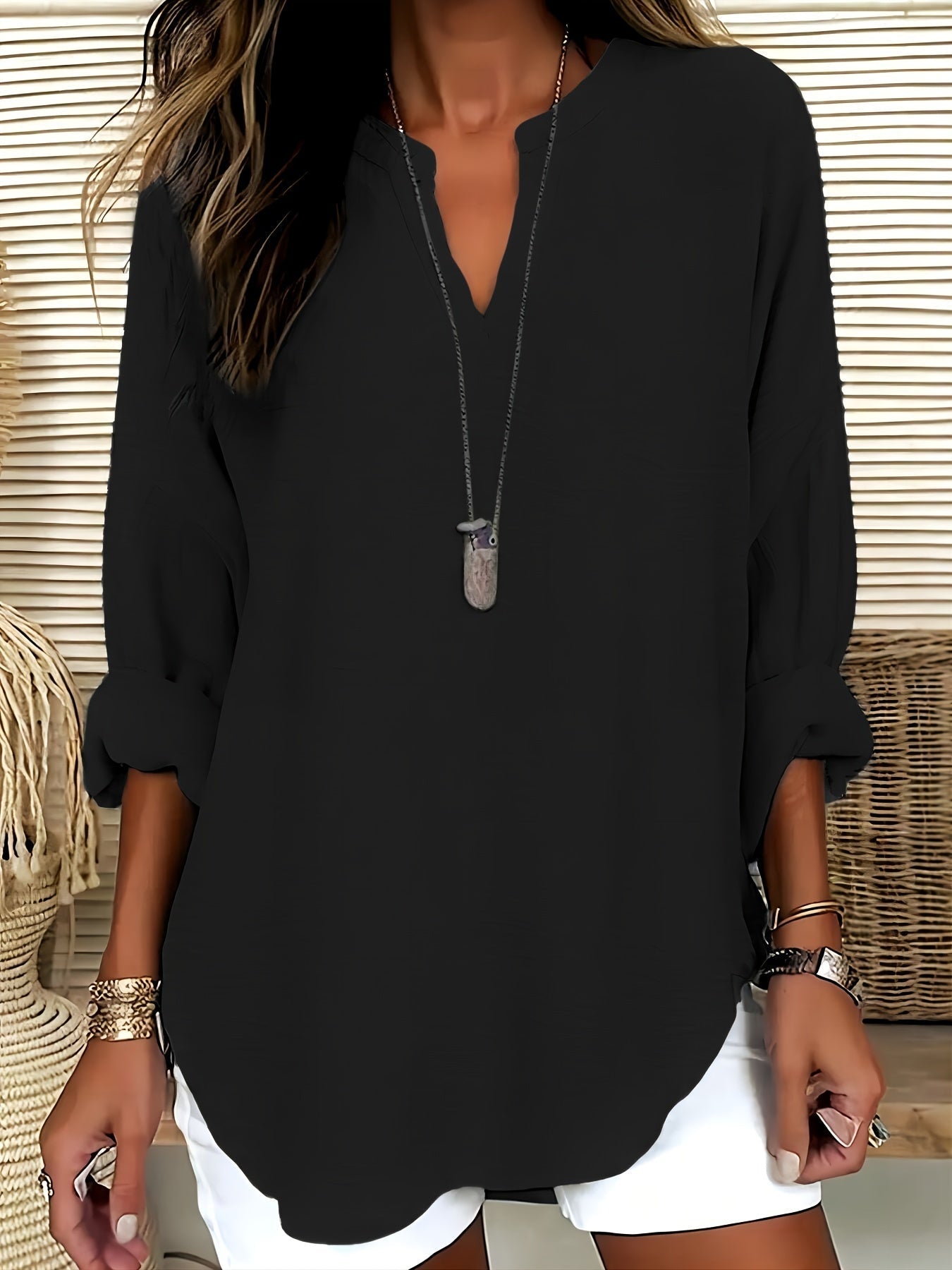 Geknopt Hals Blouse - V-Hals Ontwerp & Lange Mouwen Fit