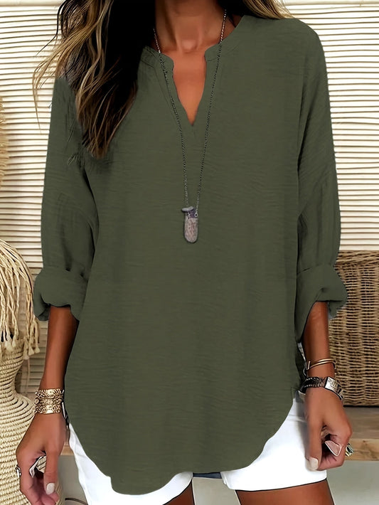 Geknopt Hals Blouse - V-Hals Ontwerp & Lange Mouwen Fit