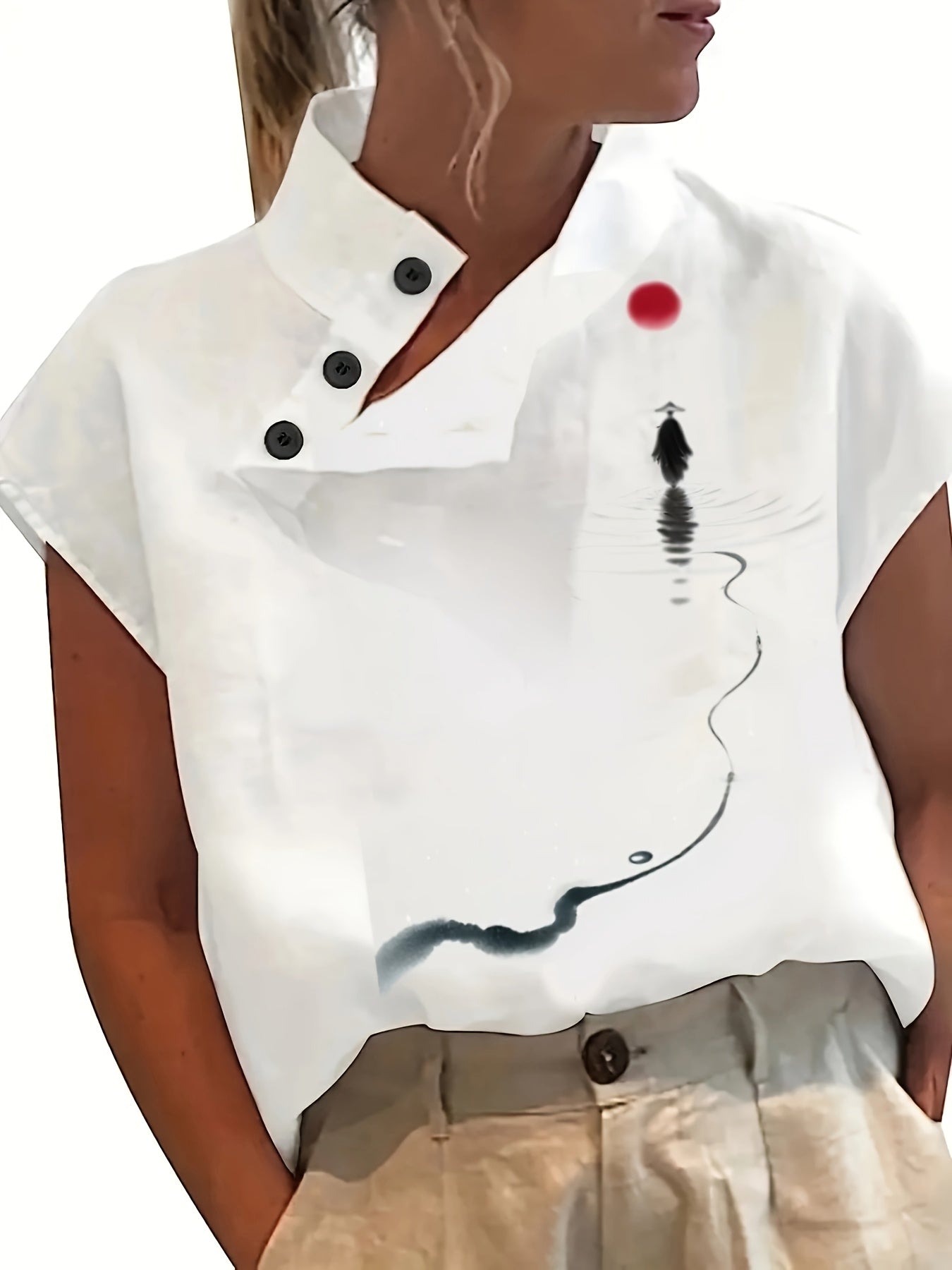 Geprinte Korte Mouw Shirt - Batwing Mouw & Lichtgewicht Stof