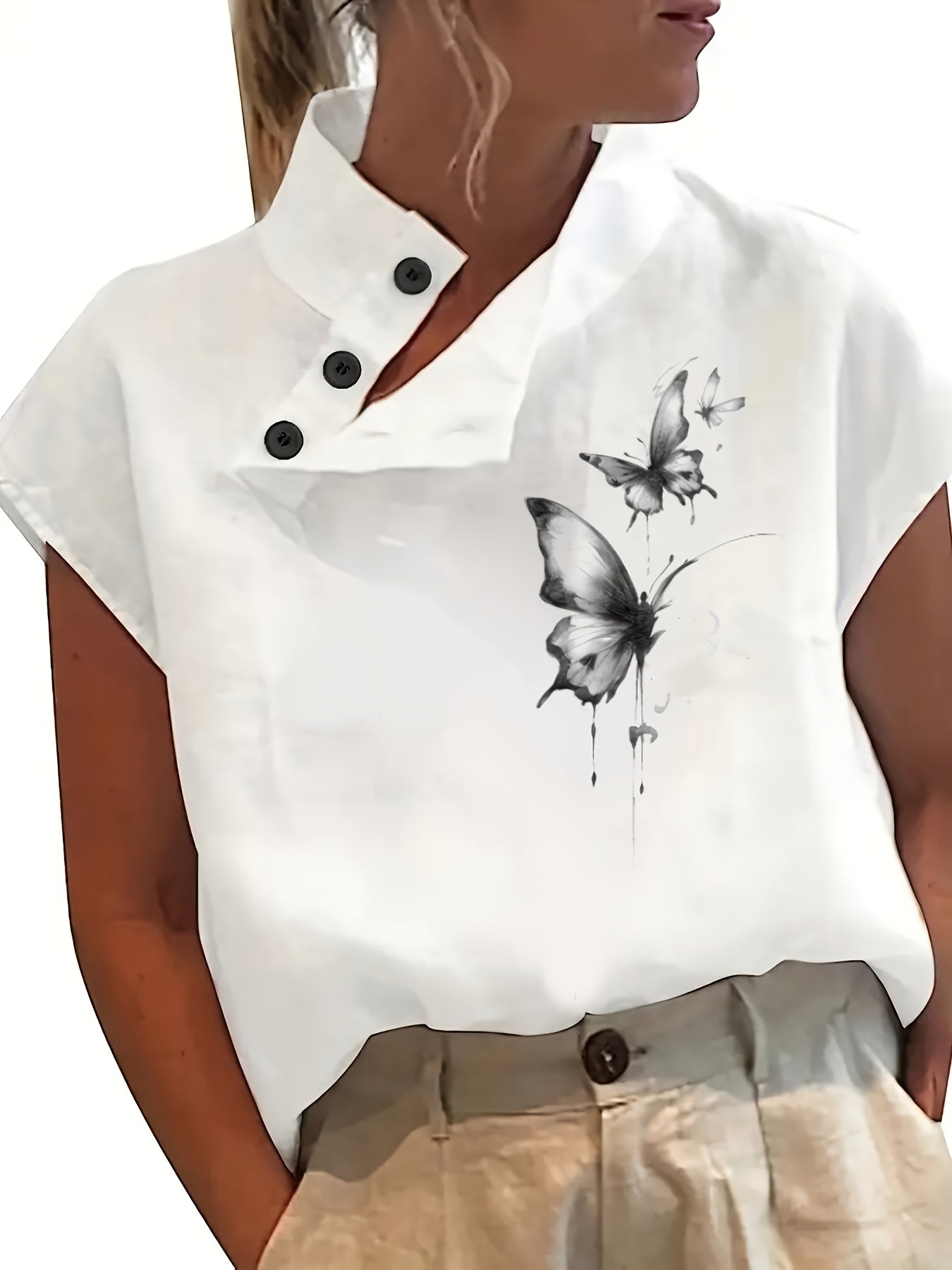Geprinte Korte Mouw Shirt - Batwing Mouw & Lichtgewicht Stof