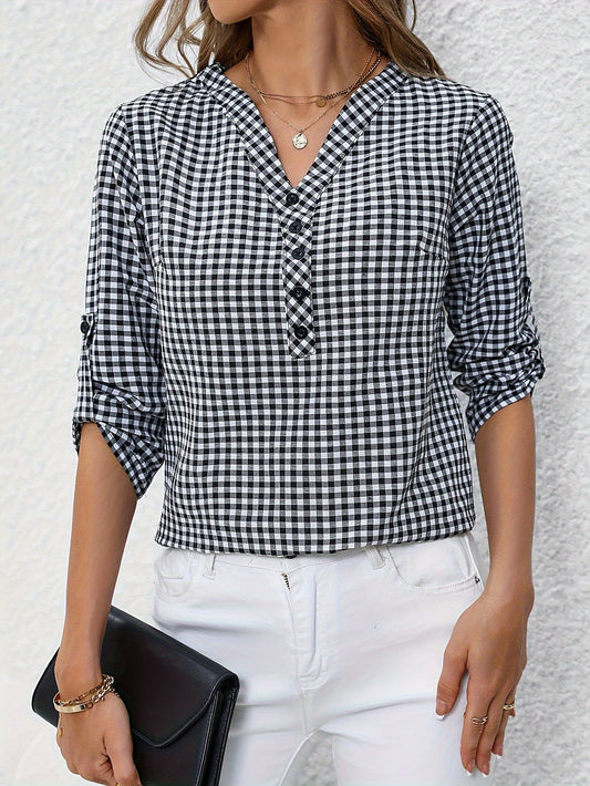 Geruite V-Hals Blouse - Lange Mouwen & Knopen Sluiting