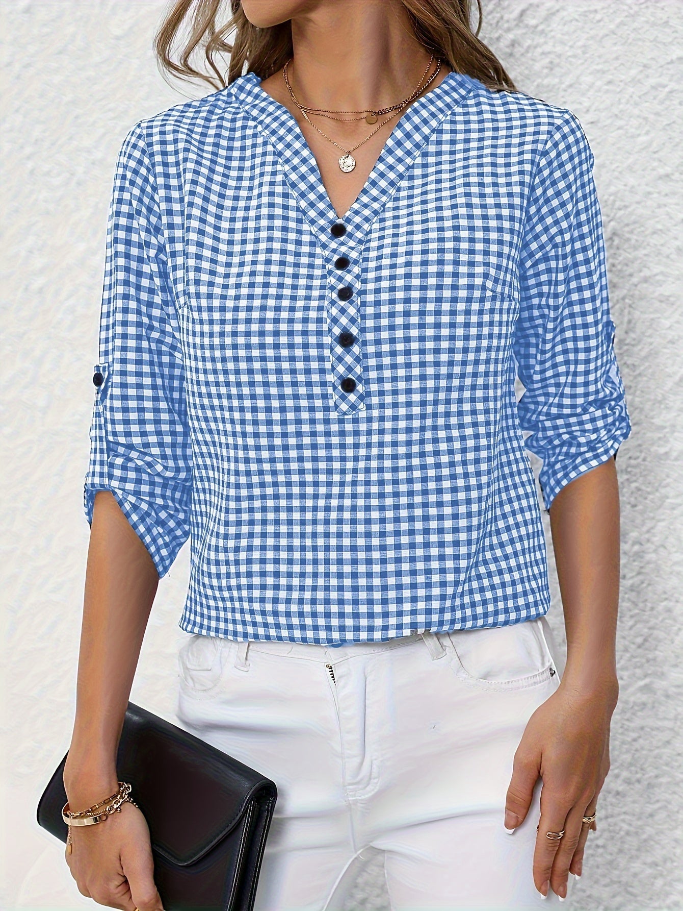 Geruite V-Hals Blouse - Lange Mouwen & Knopen Sluiting