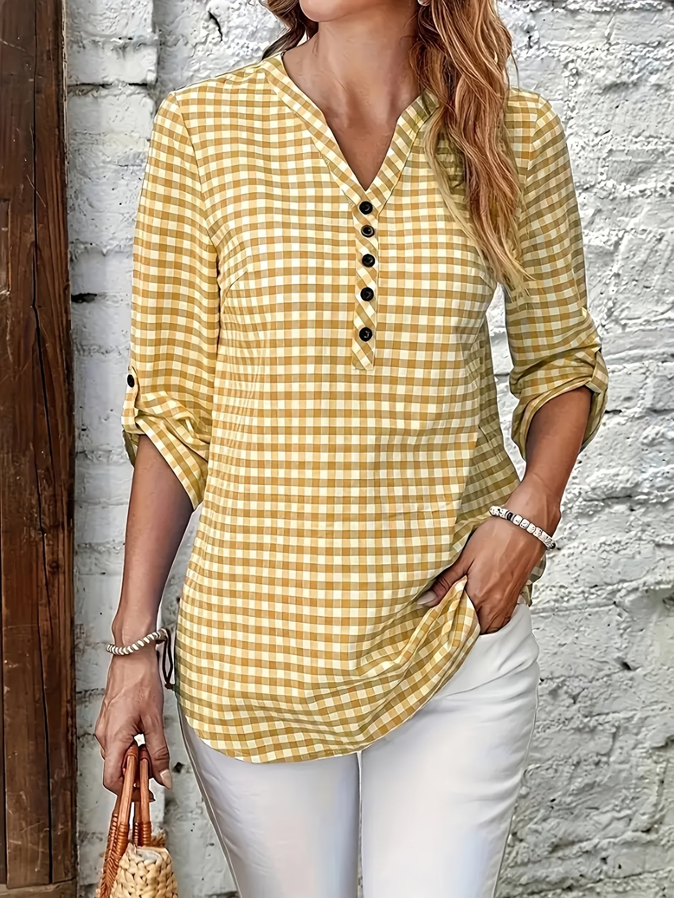 Geruite V-Hals Blouse - Lange Mouwen & Knopen Sluiting
