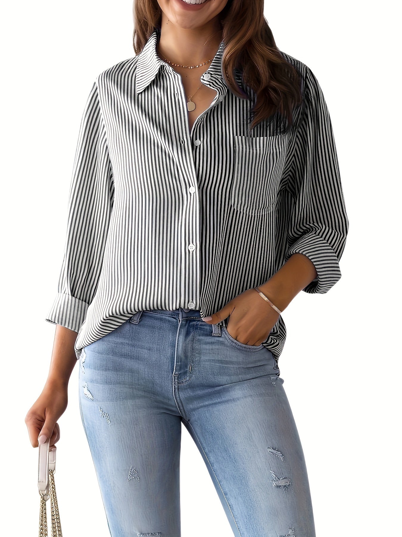Gestreepte Knopen Voorkant Shirt - Borstzak & Relaxte Pasvorm