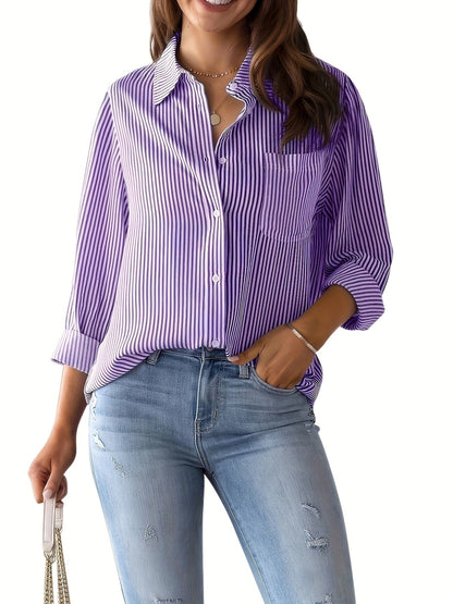 Gestreepte Knopen Voorkant Shirt - Borstzak & Relaxte Pasvorm
