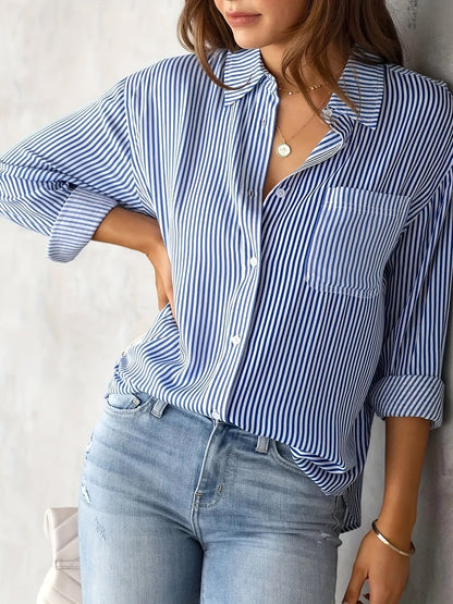 Gestreepte Knopen Voorkant Shirt - Borstzak & Relaxte Pasvorm