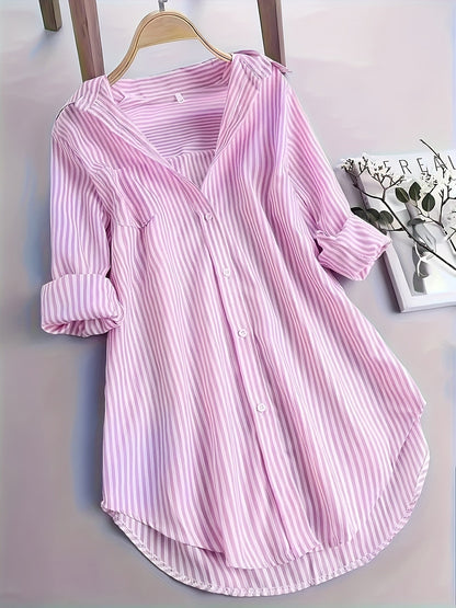 Gestreepte Shirt Met Knopen Vooraan - Curved Hem & Lange Mouwen