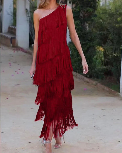 Graciela - Elegante jurk met franjes en open schouders
