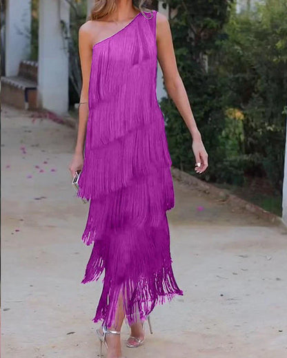 Graciela - Elegante jurk met franjes en open schouders