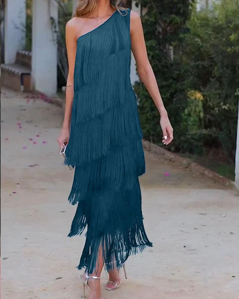 Graciela - Elegante jurk met franjes en open schouders