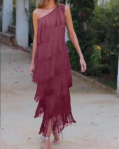 Graciela - Elegante jurk met franjes en open schouders