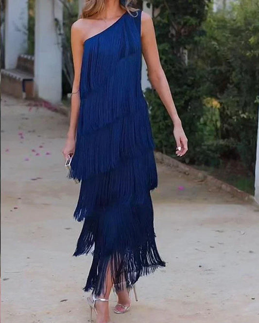 Graciela - Elegante jurk met franjes en open schouders