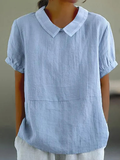 Luchtige linnen damesblouse korte mouw met pofkraag