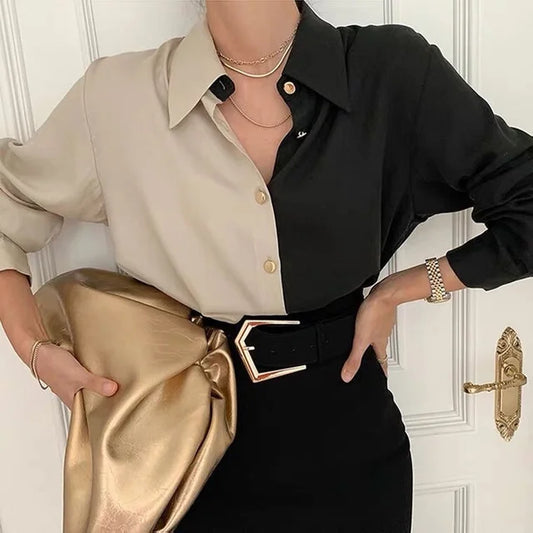 Valina Blouse | Vintage Tweekleurige Blouse met Lange Mouwen