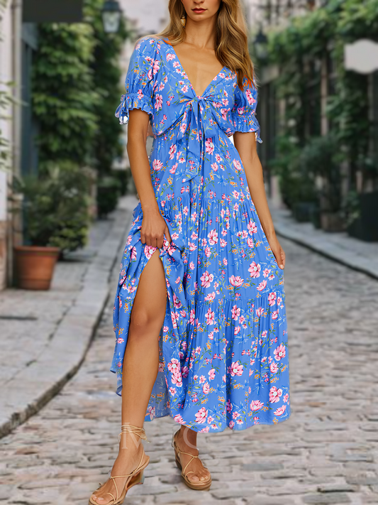 Casual strandjurk met bloemenprint, korte mouwen en V-hals met split