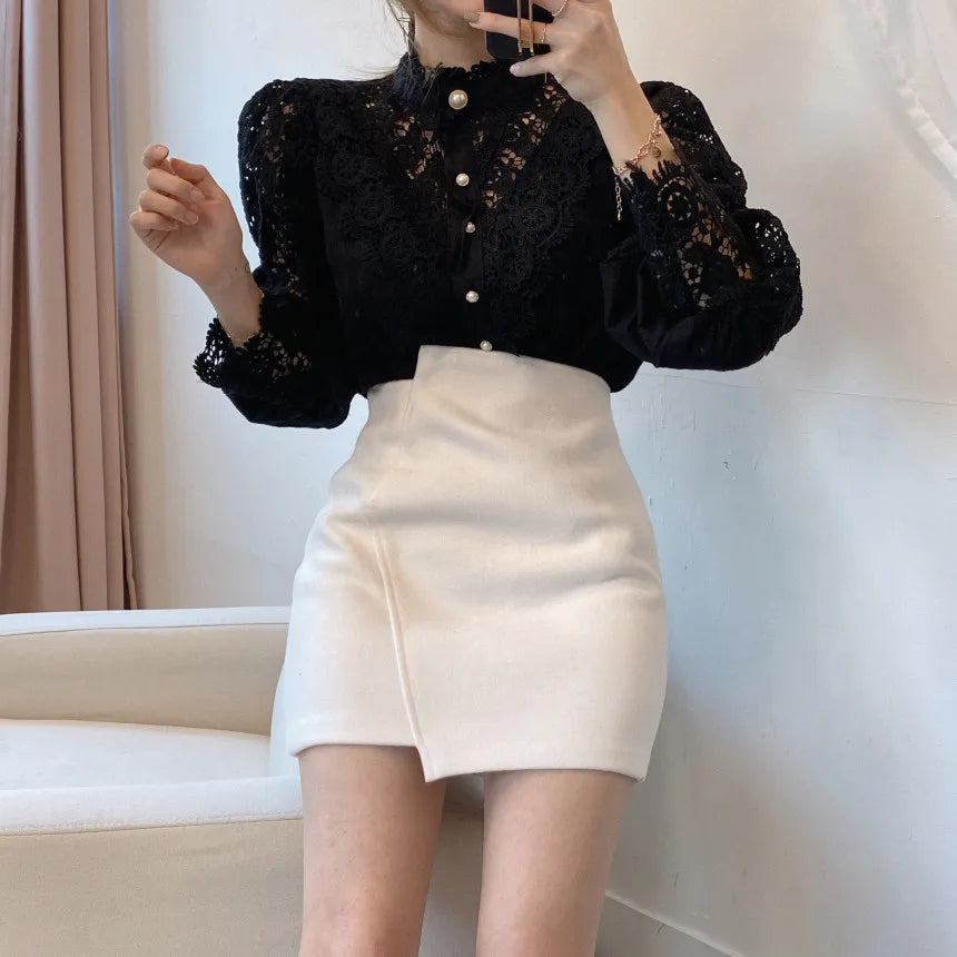 Sorana Blouse | Kanten Blouse met Hoge Kraag
