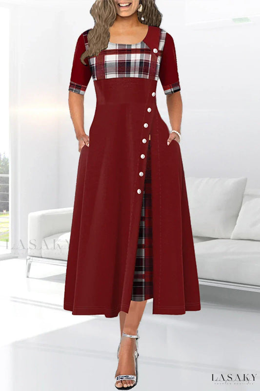 Jivette - Maroon patchwork jurk met taille halslijn