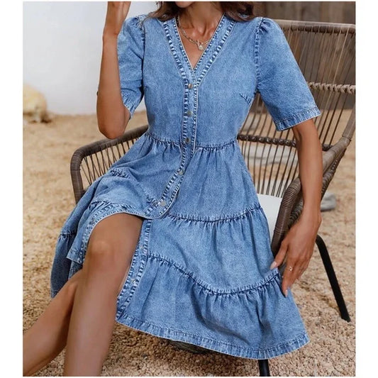 Kataleya - Geruffelde chambray mini-jurk met denim knoopsluiting