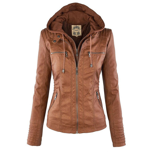 Dubbel gevoerd dames leren jack met capuchon