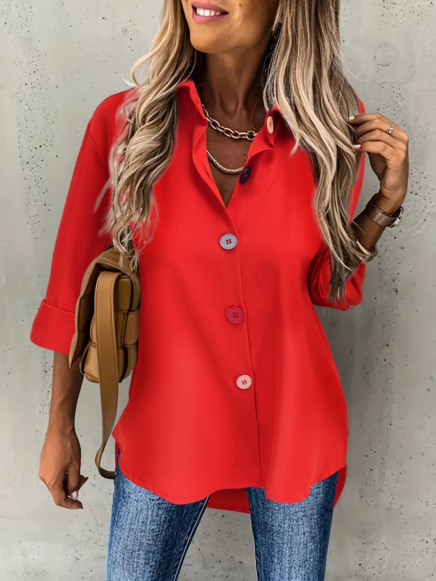 Kleurige Knopen Blouse - Lange Mouwen Ontwerp & Lichtgewicht Stof
