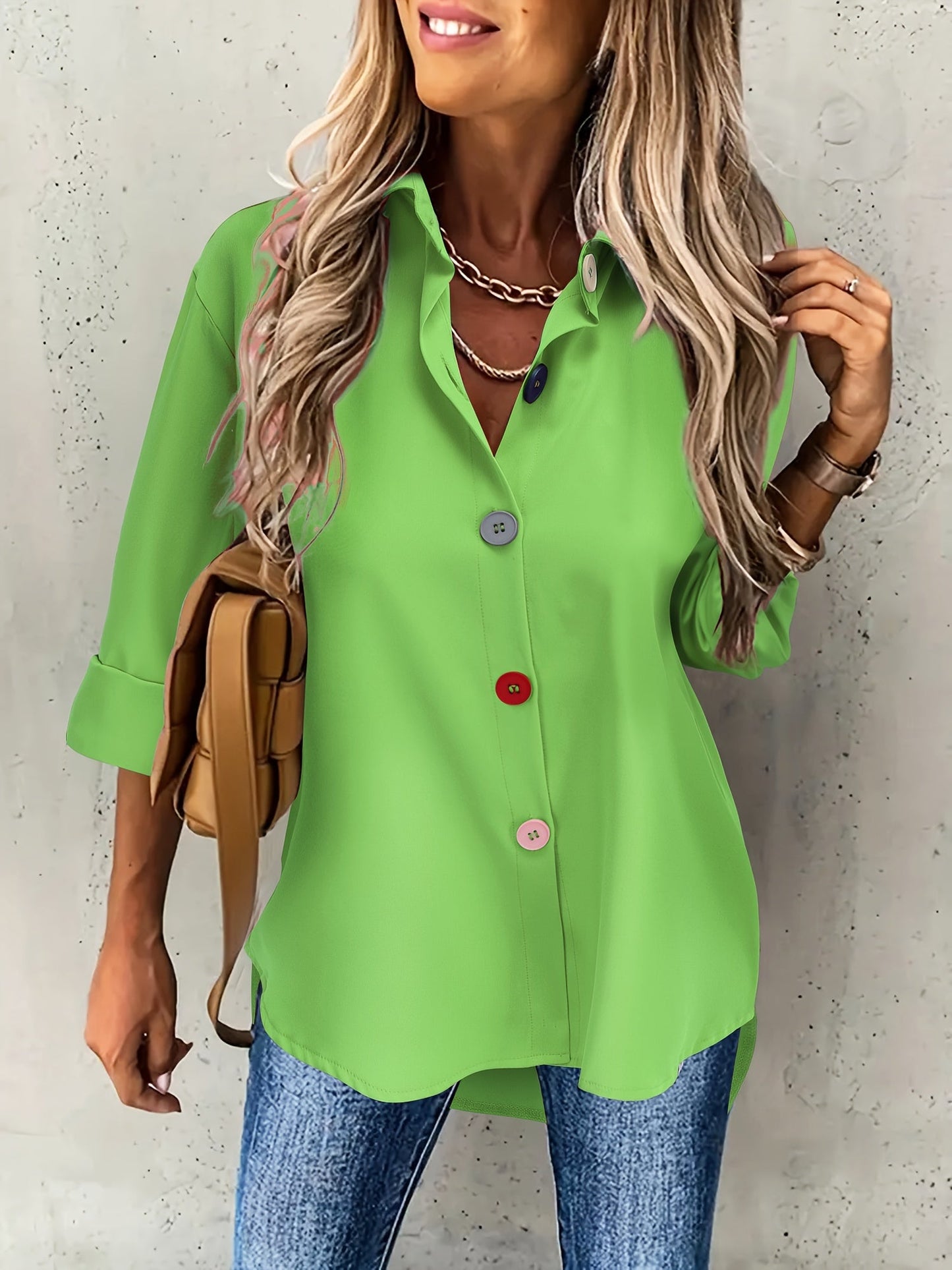 Kleurige Knopen Blouse - Lange Mouwen Ontwerp & Lichtgewicht Stof
