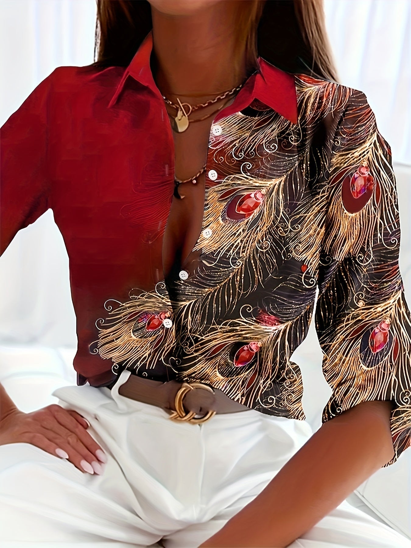 Knopen Voor Blouse - Pauwenprint & Reverskraag Ontwerp