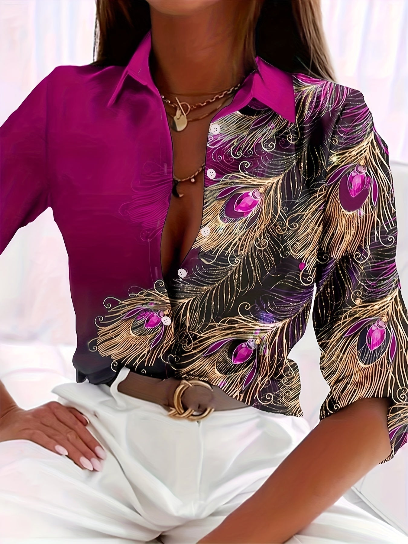 Knopen Voor Blouse - Pauwenprint & Reverskraag Ontwerp