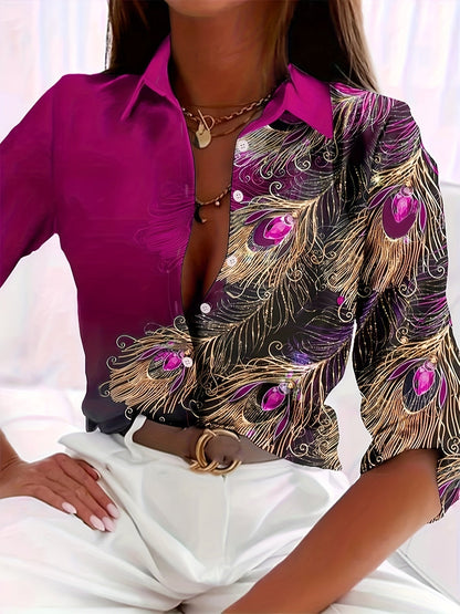 Knopen Voor Blouse - Pauwenprint & Reverskraag Ontwerp