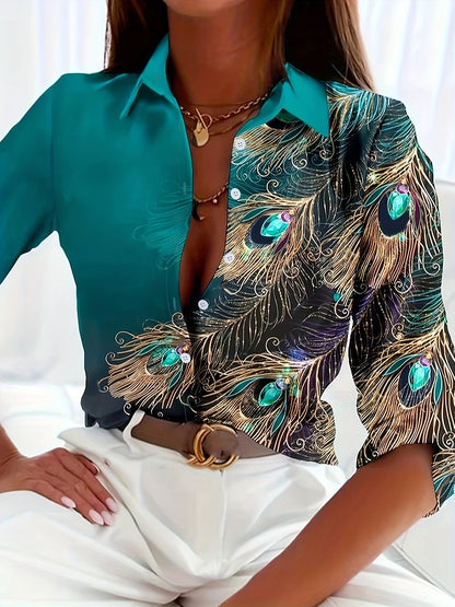 Knopen Voor Blouse - Pauwenprint & Reverskraag Ontwerp
