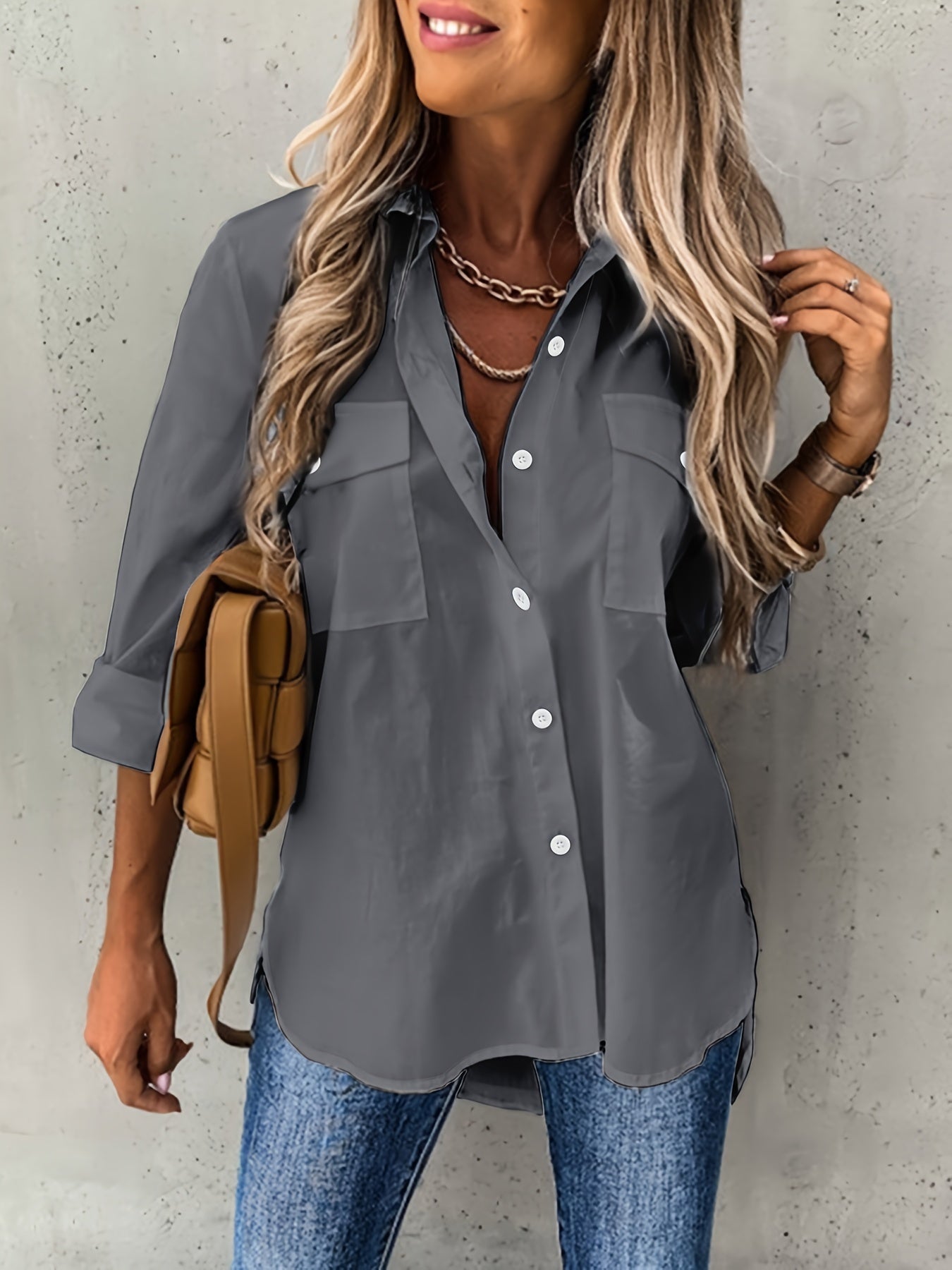 Knopen Voorkant Lange Mouwen Shirt - Semi-Doorzichtig Stof & Revers Kraag