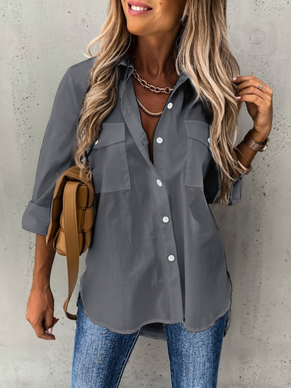 Knopen Voorkant Lange Mouwen Shirt - Semi-Doorzichtig Stof & Revers Kraag