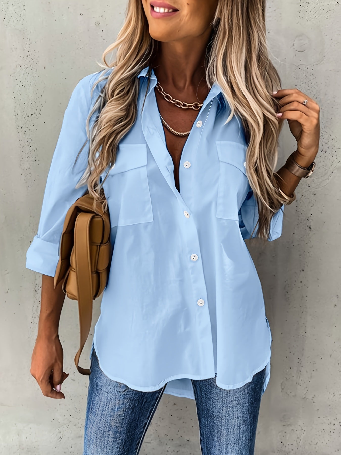 Knopen Voorkant Lange Mouwen Shirt - Semi-Doorzichtig Stof & Revers Kraag