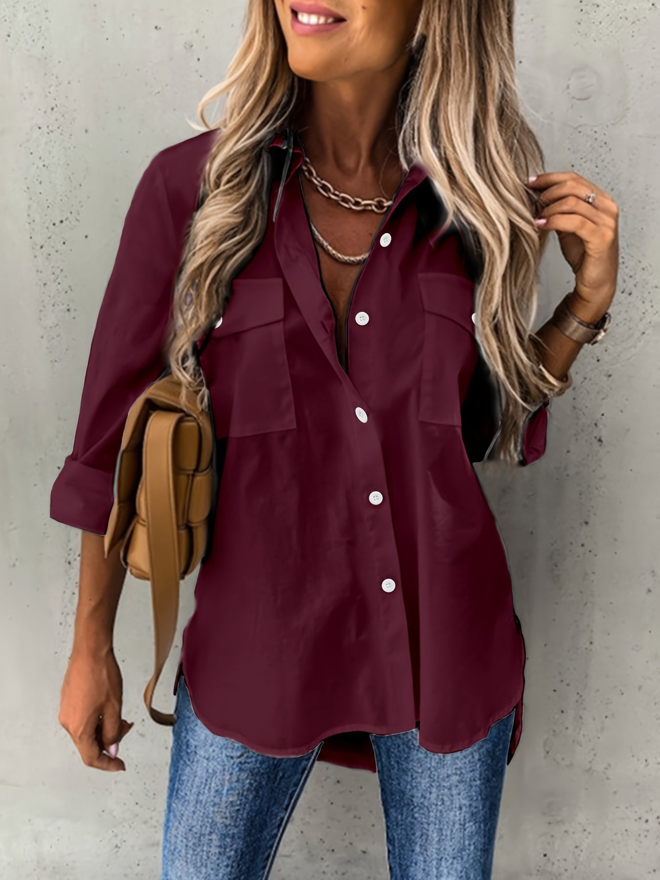 Knopen Voorkant Lange Mouwen Shirt - Semi-Doorzichtig Stof & Revers Kraag