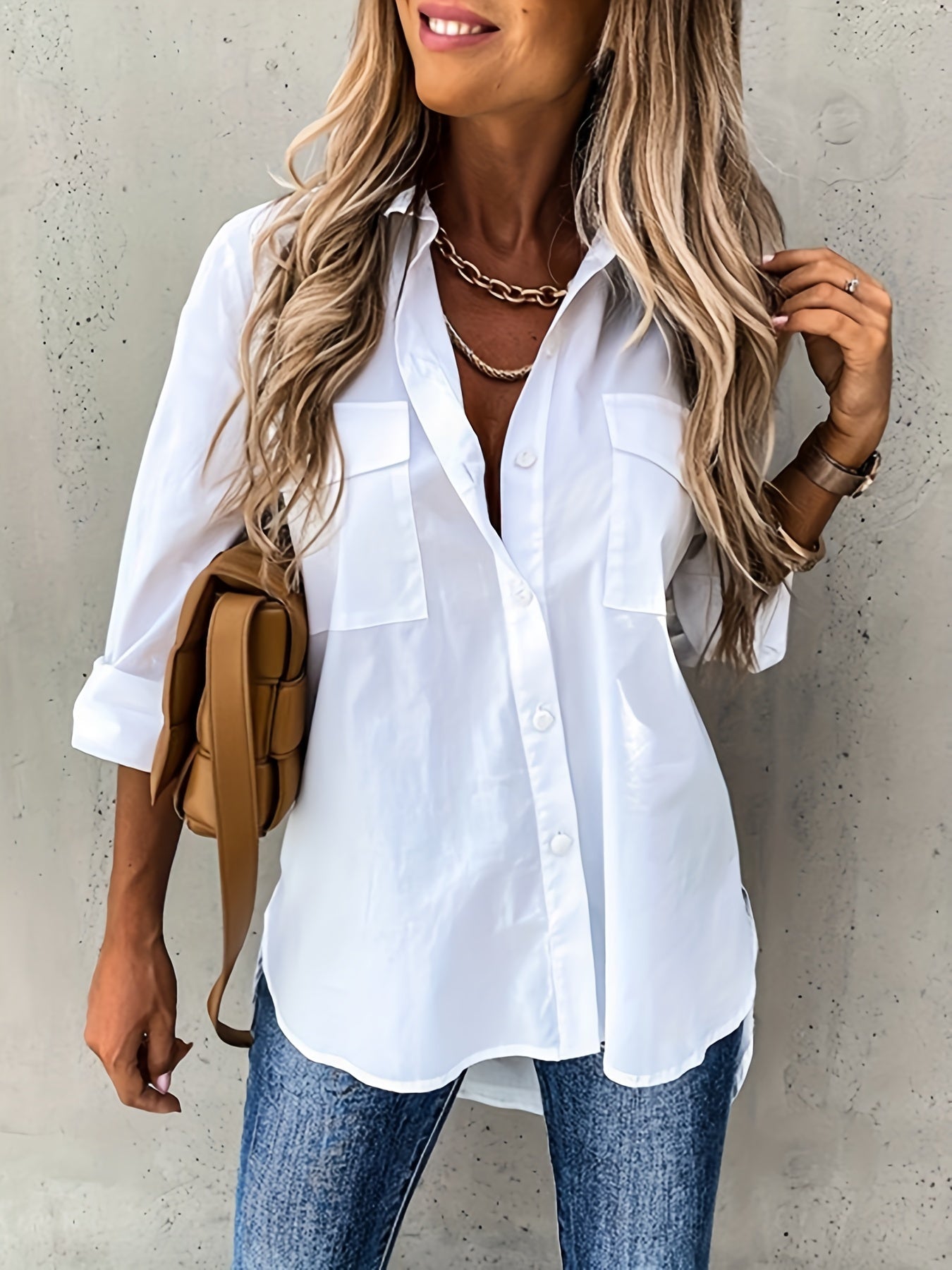 Knopen Voorkant Lange Mouwen Shirt - Semi-Doorzichtig Stof & Revers Kraag