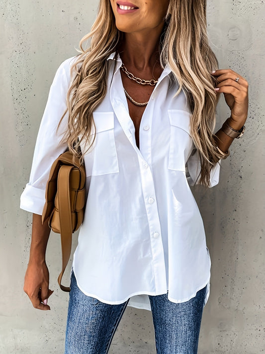 Knopen Voorkant Lange Mouwen Shirt - Semi-Doorzichtig Stof & Revers Kraag