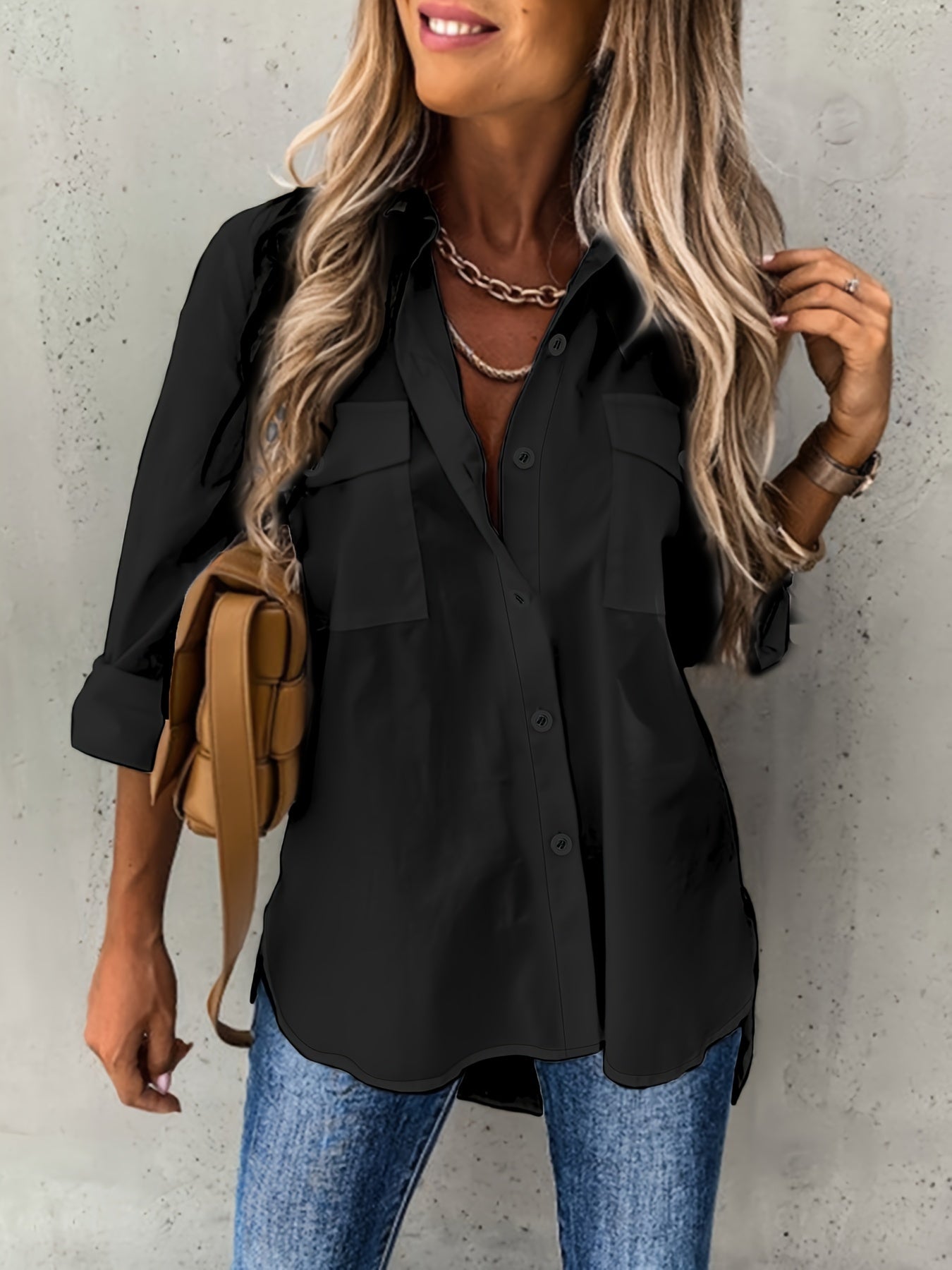 Knopen Voorkant Lange Mouwen Shirt - Semi-Doorzichtig Stof & Revers Kraag