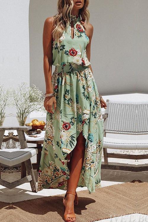 Llana - Groene jurk met ronde hals en bloemenprint