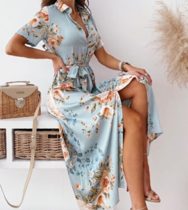 Lourdes - V-hals midi-jurk met korte mouwen