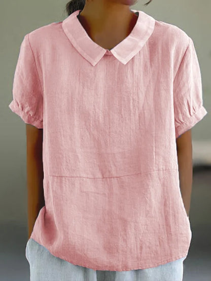Luchtige linnen damesblouse korte mouw met pofkraag