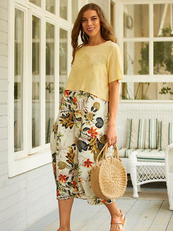 Madison - Tweedelige maxi-jurk in vintage stijl met korte mouwen, ronde hals en bloemenprint