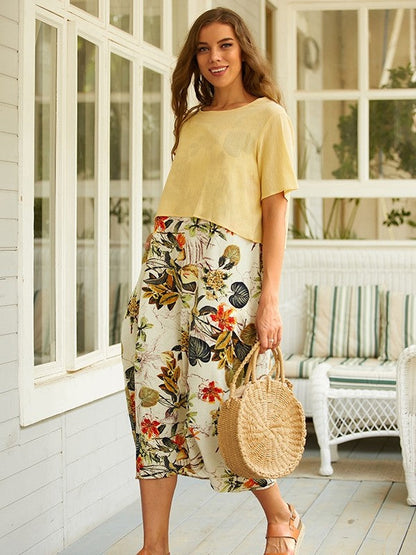 Madison - Tweedelige maxi-jurk in vintage stijl met korte mouwen, ronde hals en bloemenprint