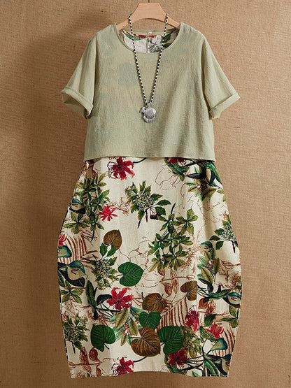 Madison - Tweedelige maxi-jurk in vintage stijl met korte mouwen, ronde hals en bloemenprint