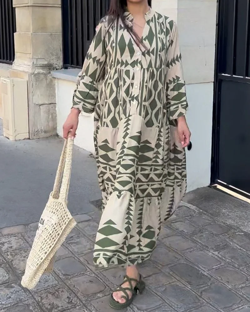 Maggie - Bedrukte casual jurk met V-hals en lange mouwen