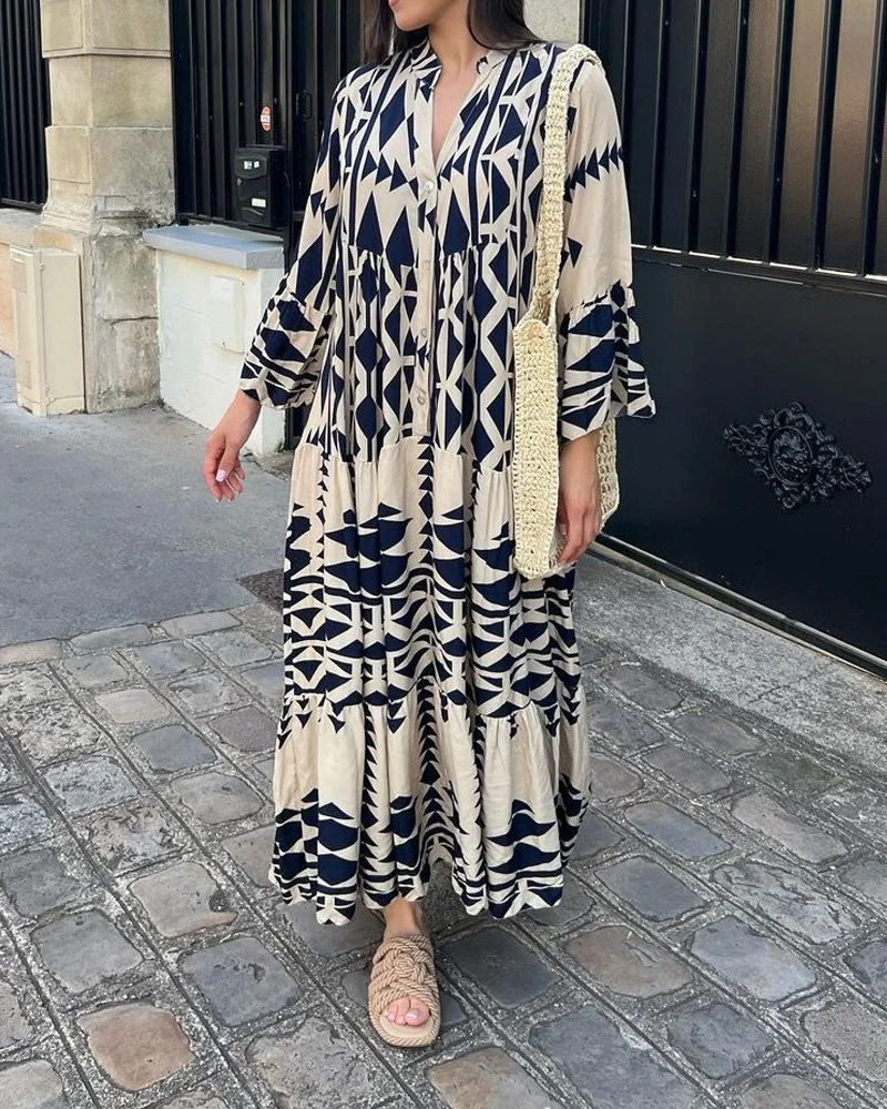Maggie - Bedrukte casual jurk met V-hals en lange mouwen