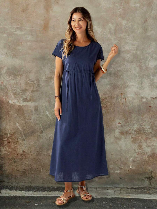 Maren - Maxi-jurk met korte mouwen, ronde hals en verstelbare taille voor dames in effen kleuren