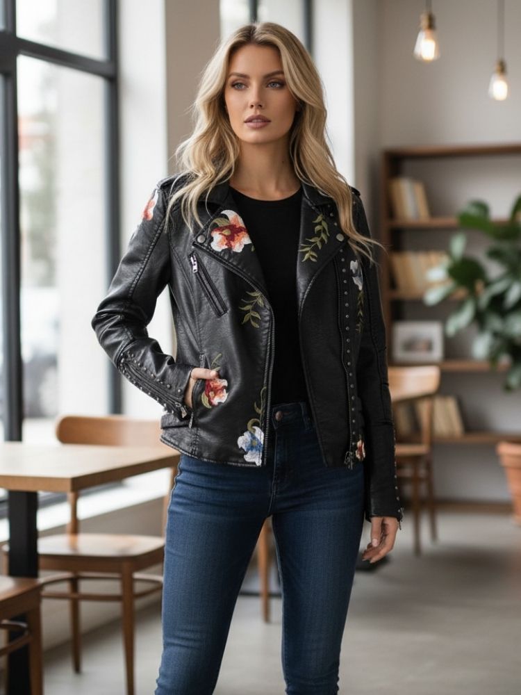 Maribel | Chique en elegant damesleren jasje met geborduurde bloemen