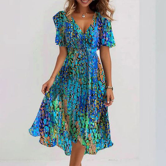 Maudea - Blauwe midi-jurk met korte mouwen