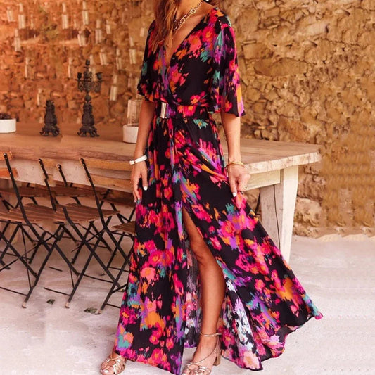 Verfijnde maxi-jurk met print en elegante split aan de zijkant