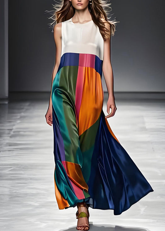 Mercy - O-hals patchwork zijden mouwloze maxi jurk