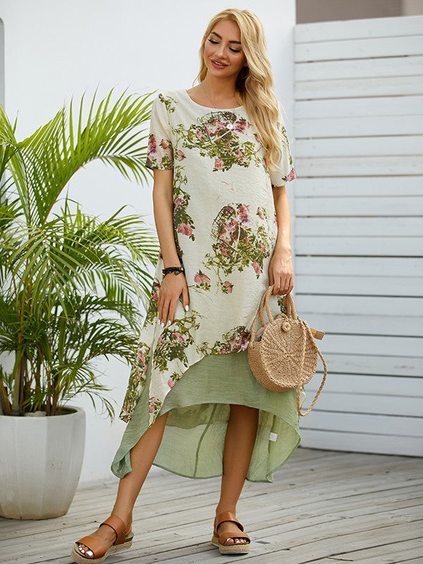 Merith - Ronde hals met bloemenprint Casual maxi-jurk met hoge taille en korte mouwen